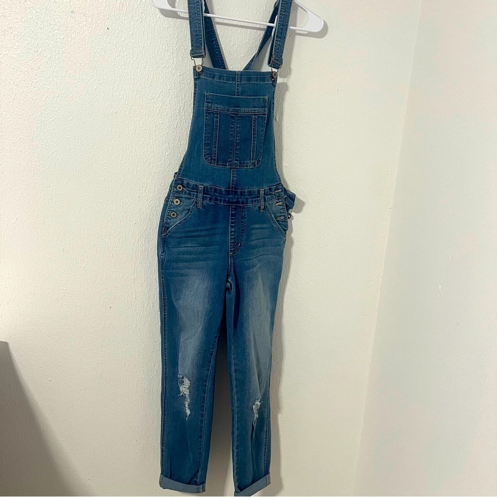 KanCan Women’s Small Dark Wash Distressed Overall Jeans Size Small Cottagecore - Picture 2 of 10